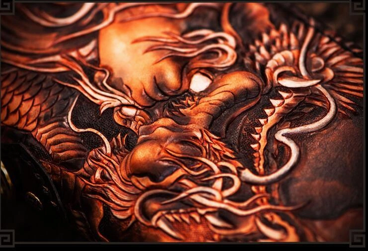 Handmade Leather Tooled Chinese Dragon Mens Chain Biker Wallet Cool Leather Wallet Long Phone Wallets for Men
