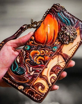 Handmade Leather Tooled Chinese Lion Mens Chain Biker Wallet Cool Leather Wallet Long Phone Wallets for Men