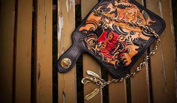 Handmade Leather Tooled Prajna Mens Chain Biker Wallet Cool Leather Long Wallet With Chain Wallets for Men