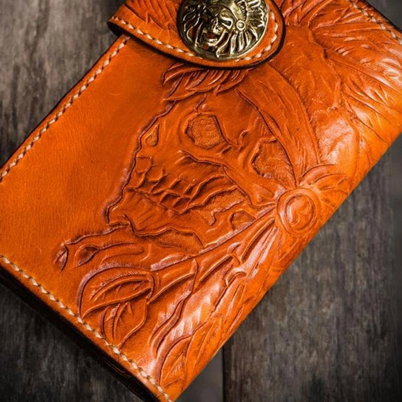 Handmade Leather Tooled Skull Indian Chief Biker Wallets Mens Cool billfold Chain Wallet Trucker Wallet with Chain