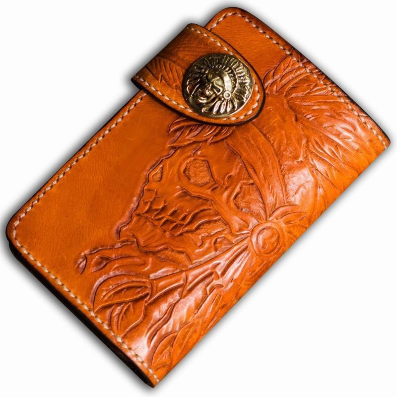 Handmade Leather Tooled Skull Indian Chief Biker Wallets Mens Cool billfold Chain Wallet Trucker Wallet with Chain