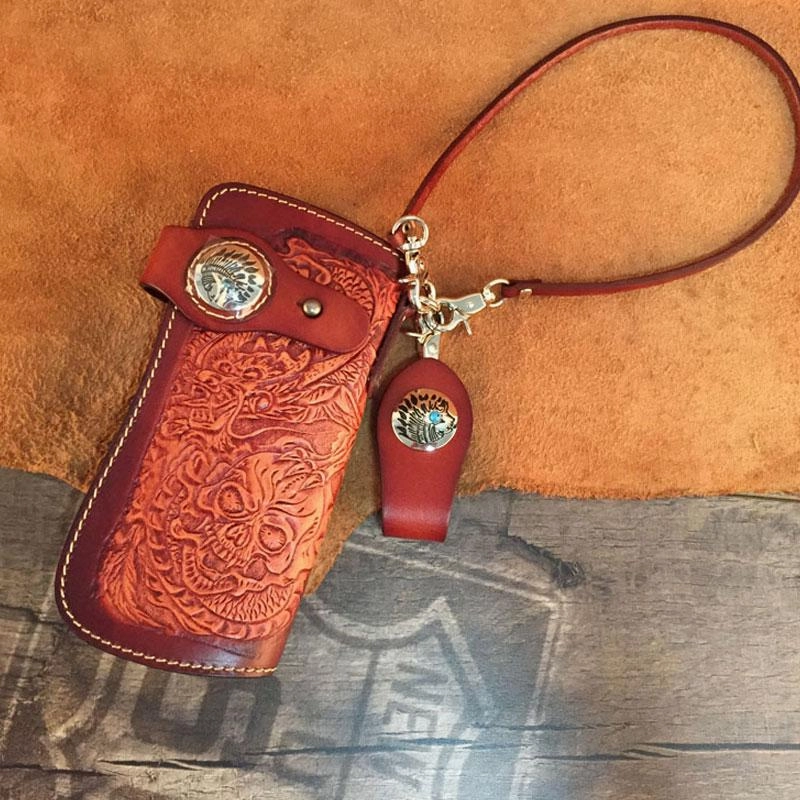 Handmade Leather Tooled Skull Mens Chain Biker Wallet Cool Leather Wallet Long Wallet for Men