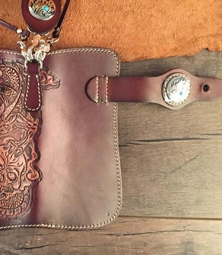 Handmade Leather Tooled Skull Mens Chain Biker Wallet Cool Leather Wallet Long Wallet for Men
