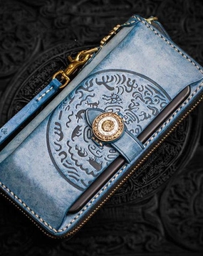 Handmade Leather Tooled Tibetan Mens Chain Biker Wallet Cool Leather Wallet Long Phone Wallets for Men