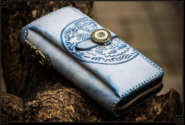 Handmade Leather Tooled Tibetan Mens Chain Biker Wallet Cool Leather Wallet Long Phone Wallets for Men