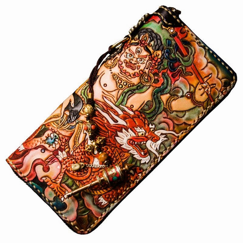 Handmade Leather Tooled White Jambhala Mens Chain Biker Wallet Cool Leather Wallet Zipper Long Phone Wallets for Men
