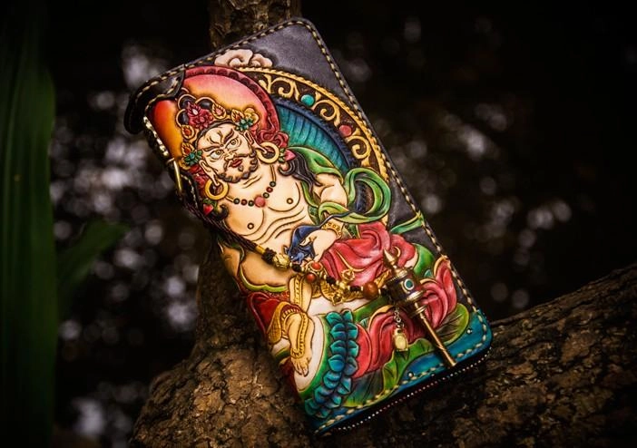 Handmade Leather Tooled Yellow Jambhala Mens Chain Biker Wallets Cool Leather Wallet Zipper Long Wallets for Men