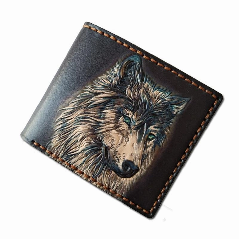 Handmade Leather Wolf Tooled Mens billfold Wallet Cool Leather Wallet Slim Wallet for Men