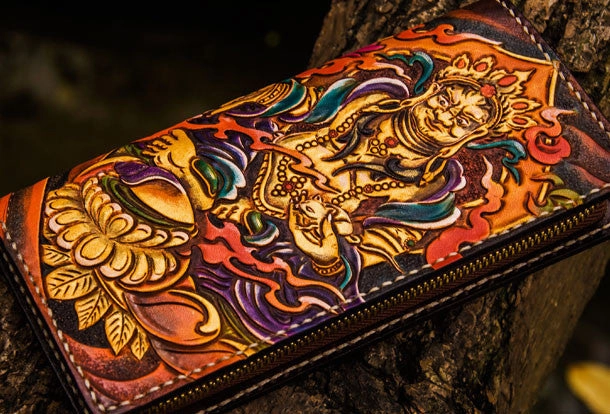 Handmade leather Yellow Jambhala biker wallet clutch zip long wallet brown leather men phone