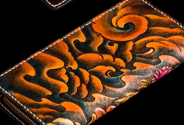 Handmade leather Yellow Jambhala biker wallet clutch zip long wallet brown leather men phone