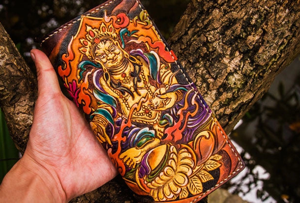 Handmade leather Yellow Jambhala biker wallet clutch zip long wallet brown leather men phone