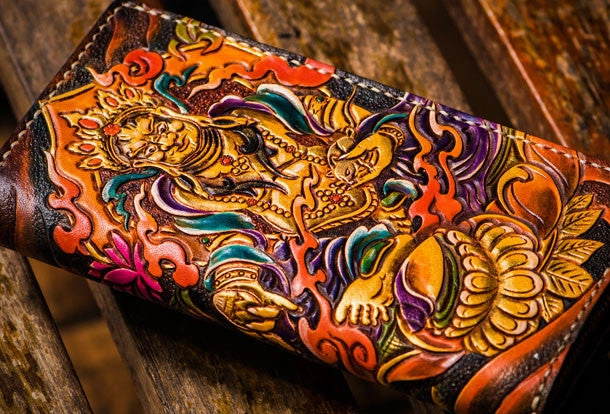 Handmade leather Yellow Jambhala biker wallet clutch zip long wallet brown leather men phone