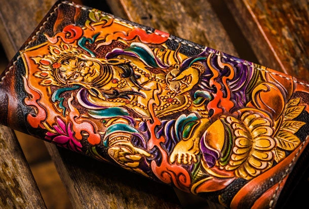 Handmade leather Yellow Jambhala biker wallet clutch zip long wallet brown leather men phone