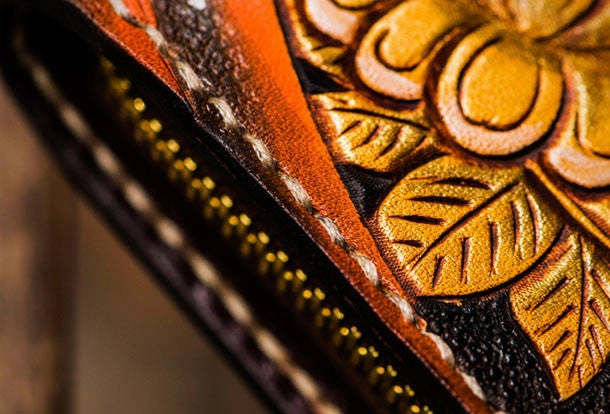 Handmade leather Yellow Jambhala biker wallet clutch zip long wallet brown leather men phone