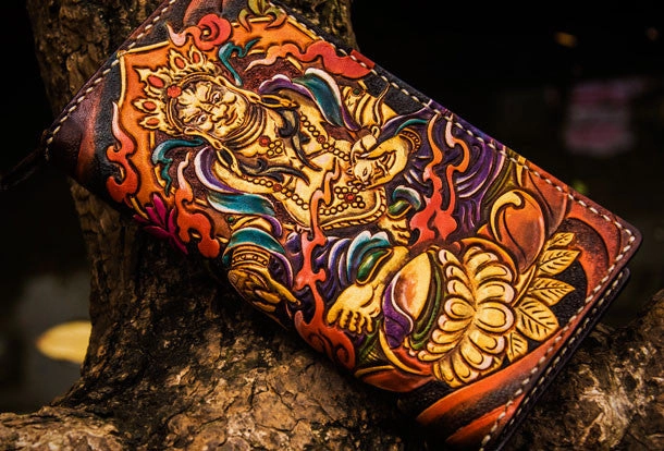 Handmade leather Yellow Jambhala biker wallet clutch zip long wallet brown leather men phone