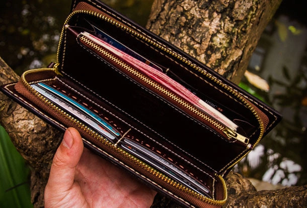 Handmade leather Yellow Jambhala biker wallet clutch zip long wallet brown leather men phone
