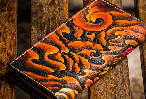 Handmade leather Yellow Jambhala biker wallet clutch zip long wallet brown leather men phone