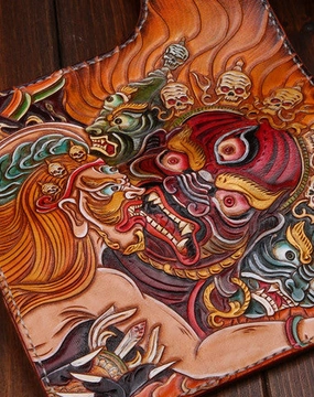 Handmade Long leather biker wallet trucker leather chain God Mahakala Carved Tooled wallet