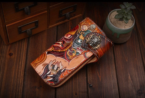 Handmade Long leather biker wallet trucker leather chain God Mahakala Carved Tooled wallet