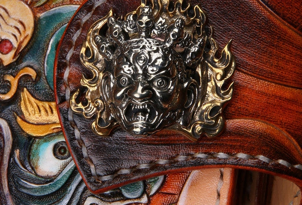 Handmade Long leather biker wallet trucker leather chain God Mahakala Carved Tooled wallet