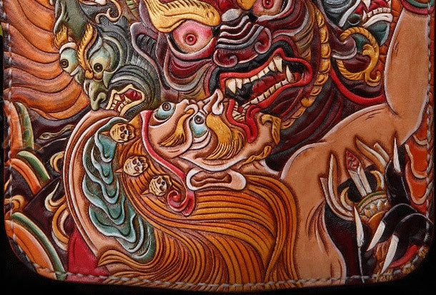 Handmade Long leather biker wallet trucker leather chain God Mahakala Carved Tooled wallet
