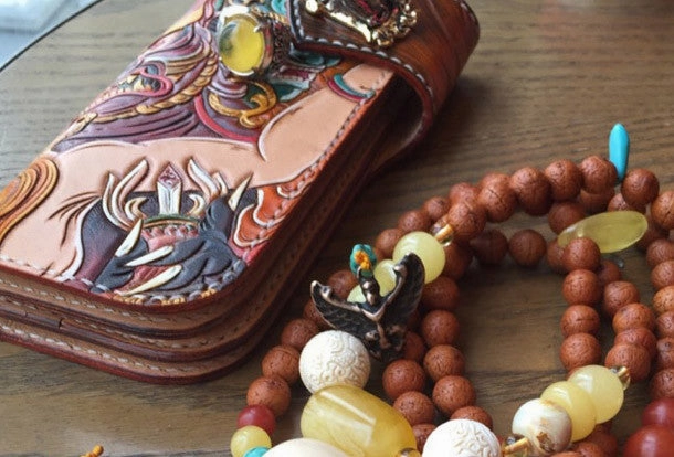 Handmade Long leather biker wallet trucker leather chain God Mahakala Carved Tooled wallet