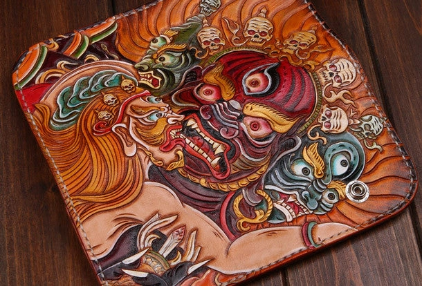 Handmade Long leather biker wallet trucker leather chain God Mahakala Carved Tooled wallet