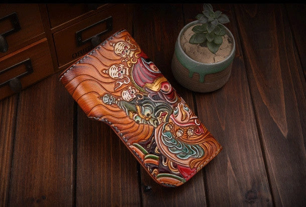 Handmade Long leather biker wallet trucker leather chain God Mahakala Carved Tooled wallet