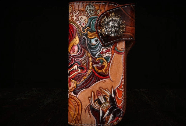 Handmade Long leather biker wallet trucker leather chain God Mahakala Carved Tooled wallet