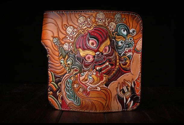 Handmade Long leather biker wallet trucker leather chain God Mahakala Carved Tooled wallet