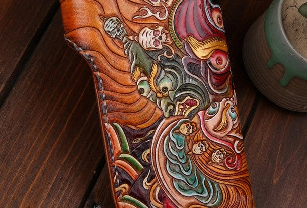 Handmade Long leather biker wallet trucker leather chain God Mahakala Carved Tooled wallet