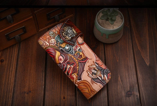 Handmade Long leather biker wallet trucker leather chain God Mahakala Carved Tooled wallet