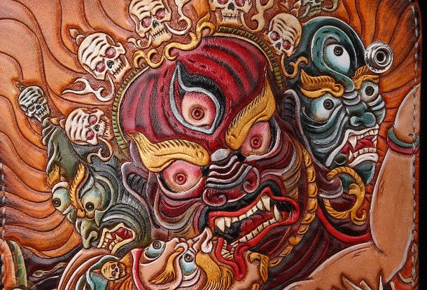 Handmade Long leather biker wallet trucker leather chain God Mahakala Carved Tooled wallet