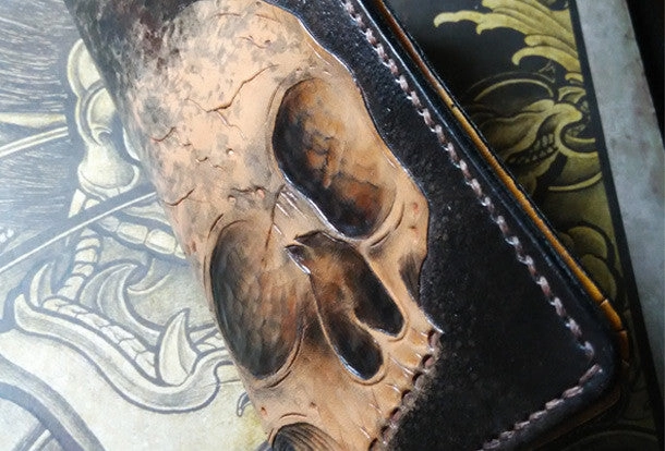Handmade Long leather wallet men skull tooled carved long wallet for him