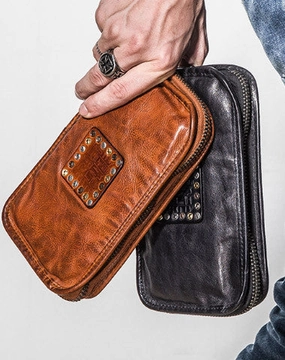 Handmade long wallet rivet leather men phone clutch vintage wallet for men
