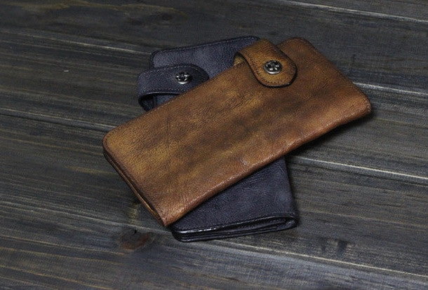 Handmade Men long leather wallet clutch men vintage brown gray wallet for him