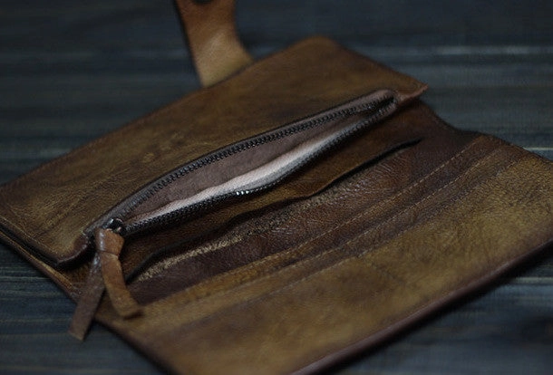 Handmade Men long leather wallet clutch men vintage brown gray wallet for him