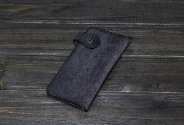 Handmade Men long leather wallet clutch men vintage brown gray wallet for him
