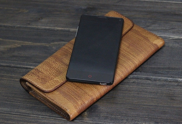 Handmade Men long leather wallet men multi cards vintage gray brown wallet for him