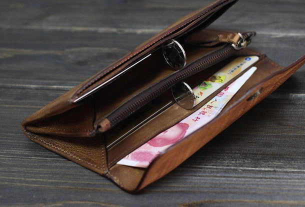 Handmade Men long leather wallet men multi cards vintage gray brown wallet for him
