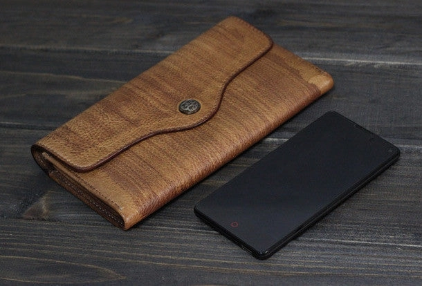 Handmade Men long leather wallet men multi cards vintage gray brown wallet for him