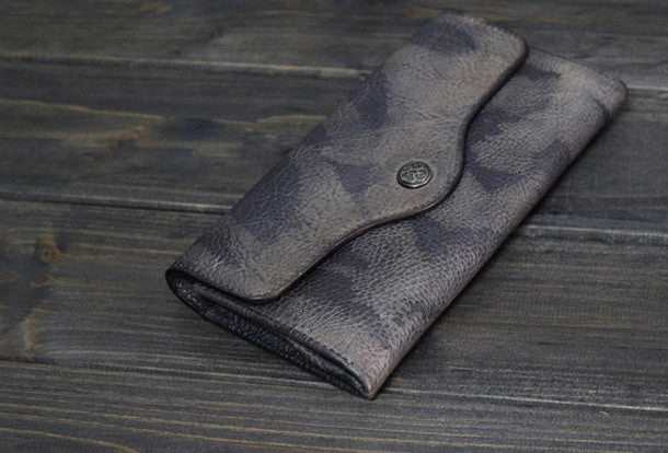 Handmade Men long leather wallet men multi cards vintage gray brown wallet for him