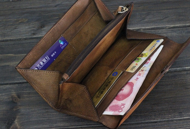 Handmade Men long leather wallet men multi cards vintage gray brown wallet for him