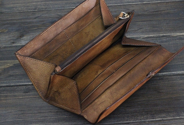 Handmade Men long leather wallet men multi cards vintage gray brown wallet for him