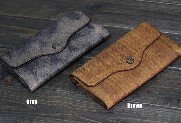 Handmade Men long leather wallet men multi cards vintage gray brown wallet for him