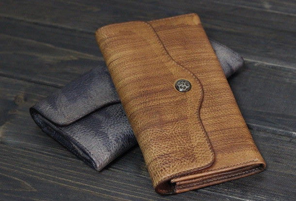 Handmade Men long leather wallet men multi cards vintage gray brown wallet for him