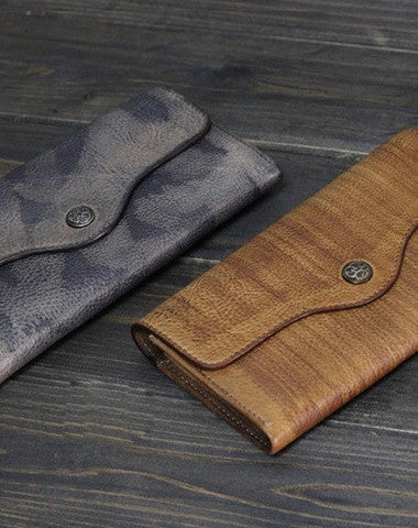Handmade Men long leather wallet men multi cards vintage gray brown wallet for him