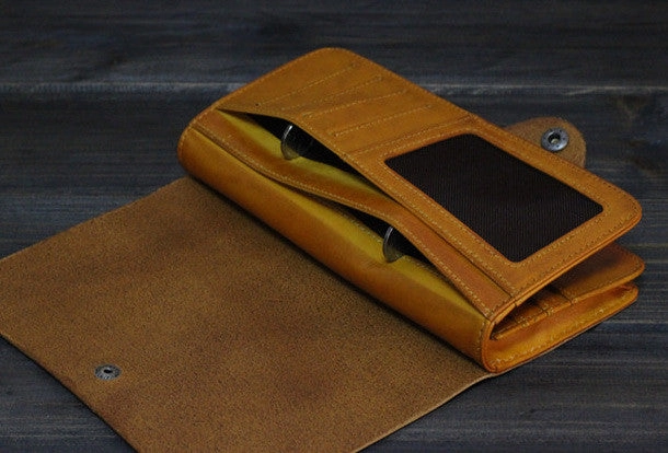 Handmade Men long leather wallet men multi cards vintage tan black wine wallet for him