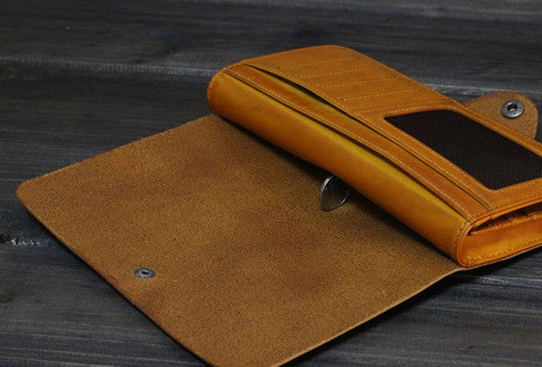 Handmade Men long leather wallet men multi cards vintage tan black wine wallet for him