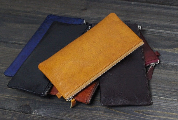 Handmade Men long leather wallet men vintage brown coffee blue wallet for him